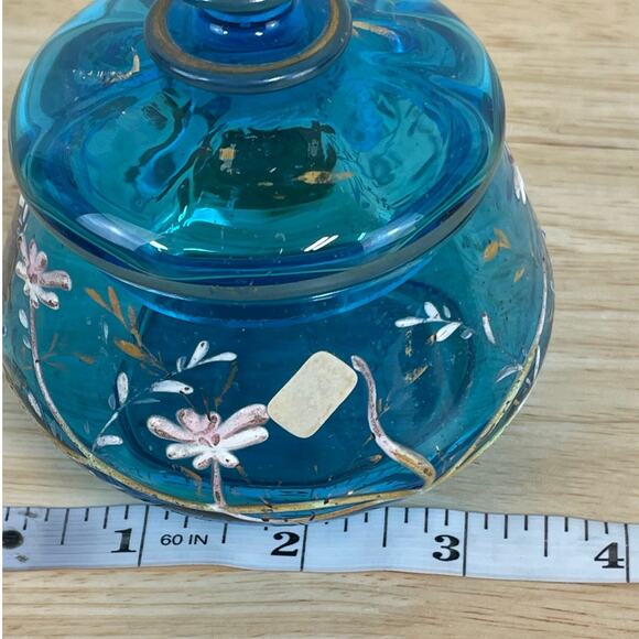 Vtg Signed Moser Art Glass Blue Coral Floral Vanity Jar with Lid Good Condition - Picture 11 of 12